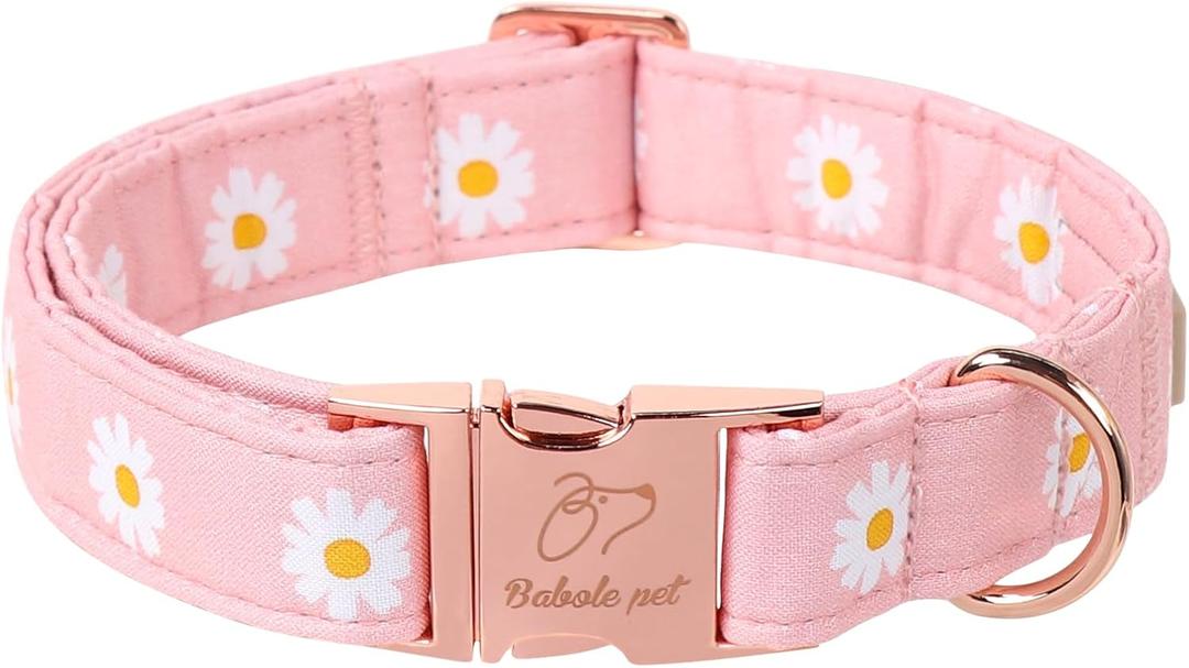 Spring Dog Collar, Cute Pink Daisy Femal Pet Collar with Metal Buckel, Durable Adjustable Designer Dog Collars for Small Medium Large Dogs S
