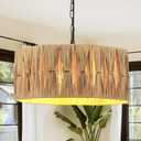 5-Light Boho Rattan Chandelier Light Fixture, 18.7" Large Octagonal Raffia Drum Chandelier Hand Woven Coastal Pendant Light for Dining Room Kitchen Entryway Foyer Bedroom, Octagonal, 1-Layer