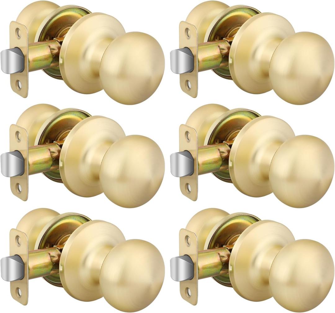 goldenwarm Gold Closet Door Knobs, Passage Door Knobs, Brushed Gold Door knob Without Lock for Hallway, Closet(6 Pack)