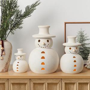 Christmas Decorations - Handmade Terracotta Snowman Figurines - 1 Pack White Clay Winter Decor Holiday Rustic Unique Decor for Home Table Room Farmhouse Indoor Outdoor-ONLY Size S