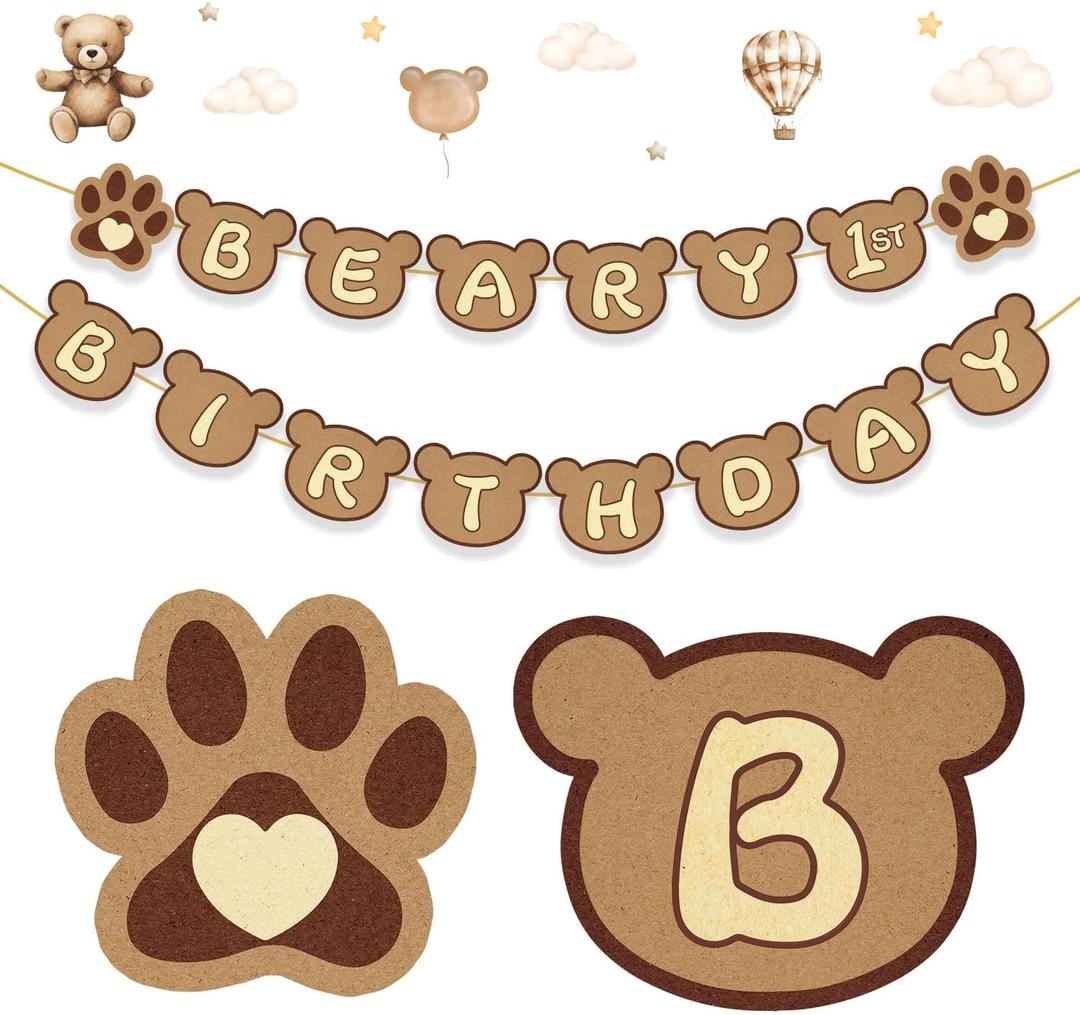 Beary First Birthday Decorations Banner, Kraft Paper Teddy Bear Banner for 1st Birthday Decorations Boy