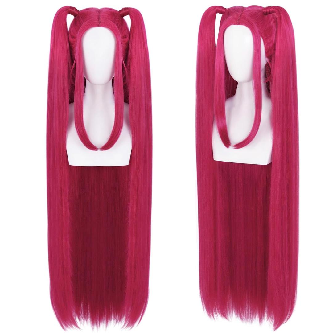 Rose Red Pink Wig with Bangs Long Straight Hot Pink Cosplay Wigs with 2 Ponytails Red Anime Wigs for Singers Cosplay Halloween Costume Outfit Party+Hair Cap