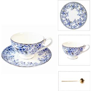 Vintage Floral Porcelain Tea Cup and Saucer Set with Gold Trim, Classic Blue Pattern Single Set