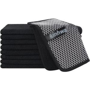 KinHwa Kitchen Washcloths for Dishes Absorbent Microfiber Dish Cloths Quick Dry Dish Rags with Poly Scour Scrub Side Ideal for Kitchen Cleaning (Black, 7inchx7inch 9 Pack)