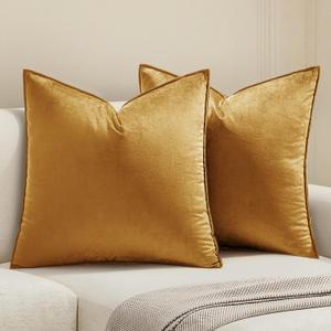 MIULEE Dark Gold Velvet Throw Pillow Covers 18x18 Soft Decorative Solid Square Cushion Cases Pack of 2 Modern Luxury Home Decor for Couch, Sofa, Bedroom