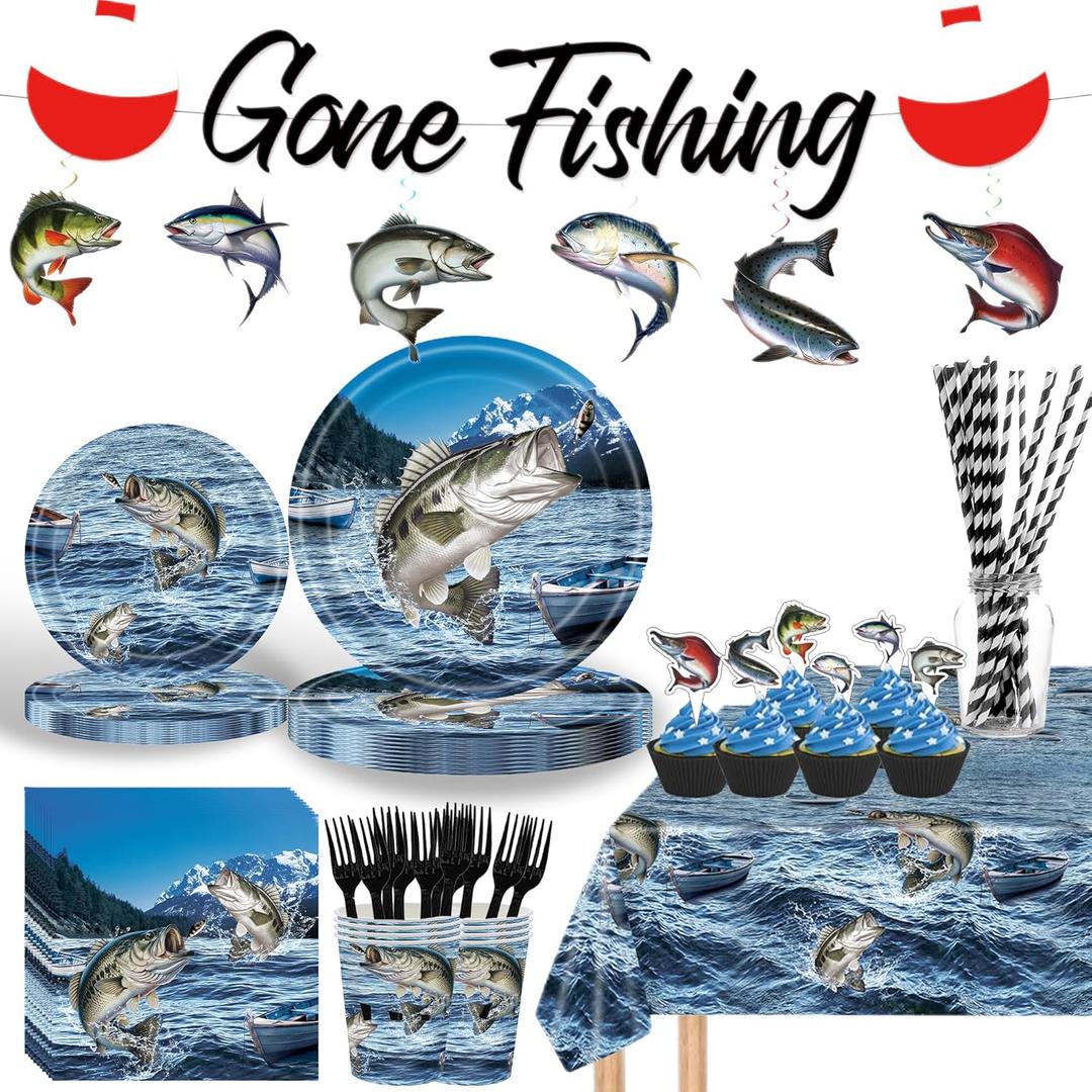 Fishing Birthday Party Decorations Tableware Set Serves 24 Guests, Gone Fishing Supplies for Boy Includes Plates, Napkins, Cups, Tablecloth, Cupcake Toppers, Banner for Fishing Party Decorations