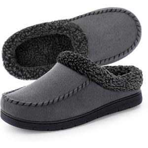 ULTRAIDEAS Men's Warm Fuzzy Moccasin Clog Slipper, Slip on Winter Comfy Indoor/Outdoor House Shoes (9-10, Dark Grey)