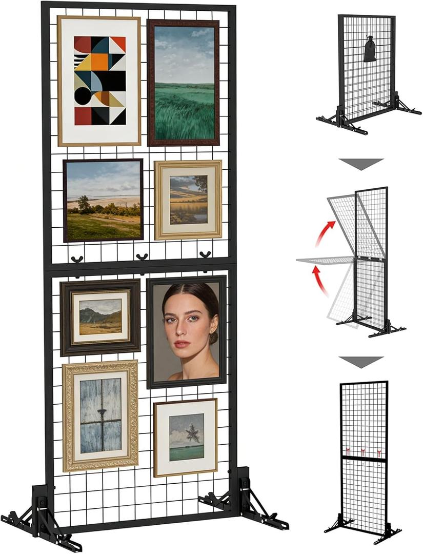 1-PACK Foldable Grid Wall Panels, Heavy Duty Double Sided Display Rack with T-Base Floor Stand - for Retail Stores, Craft Shows, Vendor Events, Merch Display - Includes 10 Free Hooks