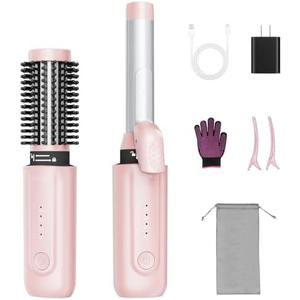 Cordless Hair Curling Iron Brush, 1/1.5'' Barrels, 8000mAh, 4 Temp 300-410℉ | Wireless Heated Round Brush,MCH Ceramic,15S Faster Heating,200M Negative Ions,Rechargeable Battery,Dual Voltage,Travel