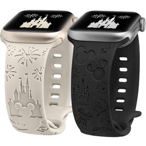 2 Packs Cartoon Engraved Band Compatible with Apple Watch Band 38/40/41/42/ 44/45/ 46/49mm Women, Cute Designer Soft Silicone Strap for iWatch Series 11 10 9 8 7 6 5 4 3 SE/Ultra 3 2 1 (Starlight & Black)