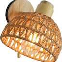Rattan Wall Sconce Light with Pull Chain Switch, Rattan Lamps for Bedroom, Farmhouse Wall Sconces, Wall Mount Light Fixture Indoor, Boho Bedside Wall Sconces (Round Braided Shade)