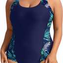 Aqua Eve Plus Size Swimsuits Athletic One Piece Bathing Suit for Women Tummy Control Slimming Swimwear (Navy and Leaf, 14 Plus)