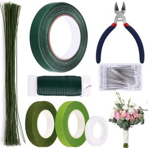 GLAMFIELDS Floral Arrangement Kit with Floral Tape, 26 Gauge Floral Stem Wire, 22 Gauge Floral Wire, Cutter, Boutonniere Flower pin for Bouquet Stem Wrapping, Floral Crafts and Wedding Bridal Bouquets (Green-8set)