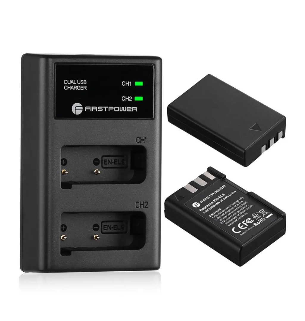 FirstPower EN-EL9 EN EL9a Battery 2-Pack 2000mAh and Dual USB Charger Compatible with Nikon D40, D40x, D60, D3000, D5000 Digital SLR Cameras