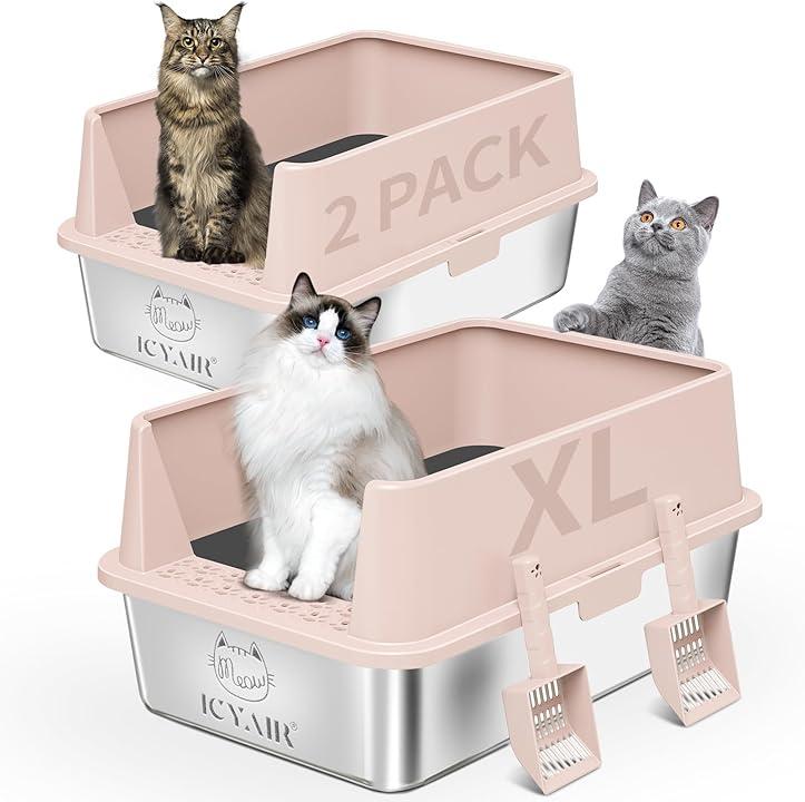 2PACK Stainless Steel Cat Litter Box with High Sides Lid, Extra Large XL Litter Box for Big Cats, Metal Kitty Litter Boxes with Anti-Leakage Enclosure, Non-Stick, Odorless, Scoop Included, Pink