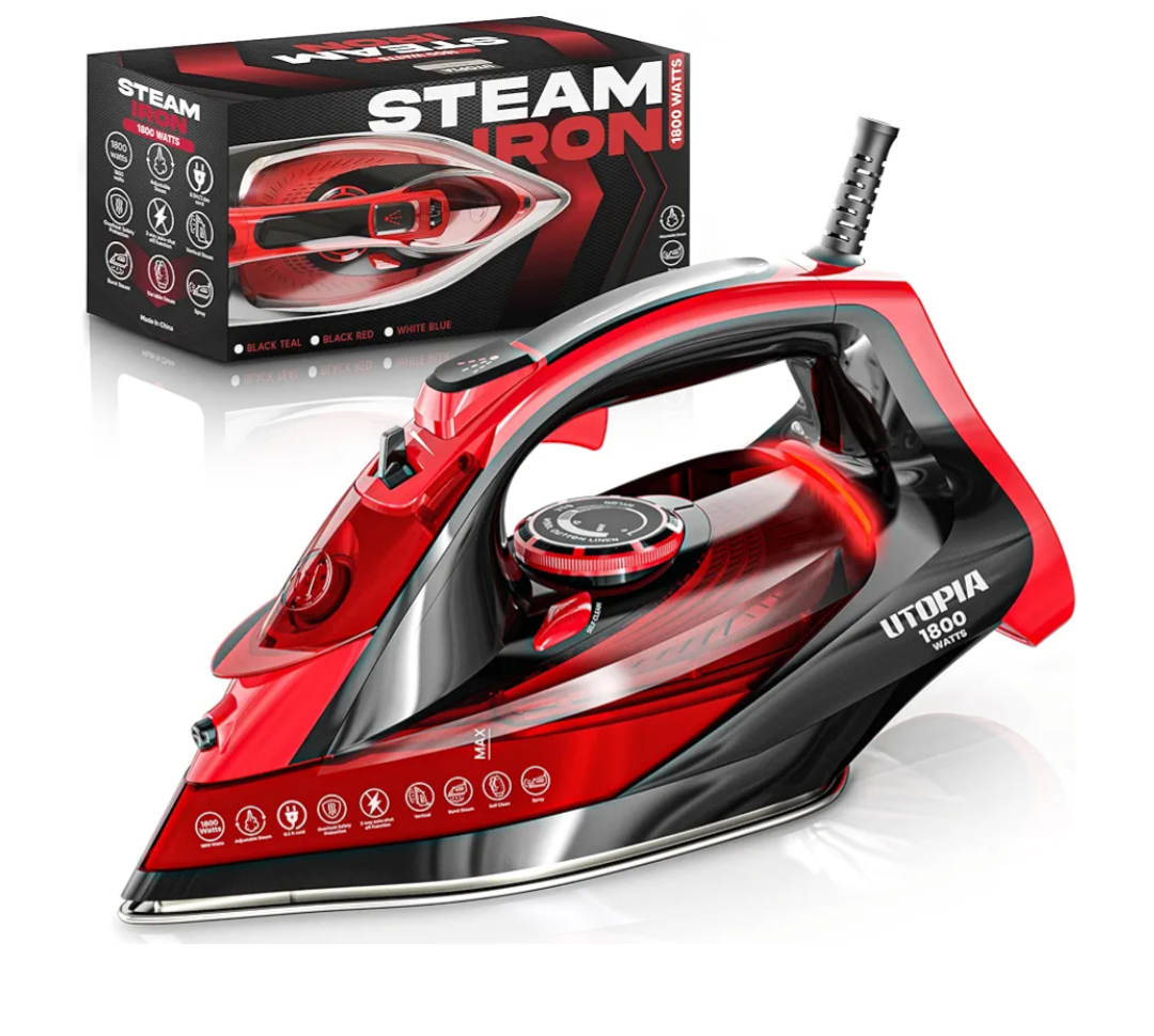 Utopia Home Steam Iron for Clothes - Non-Stick Soleplate - 1800W Clothes Iron With Auto-Off Safety Feature - Adjustable Thermostat Control, Variable Steam Control, Self-Clean, 8 Feet Cord (Black/Red)