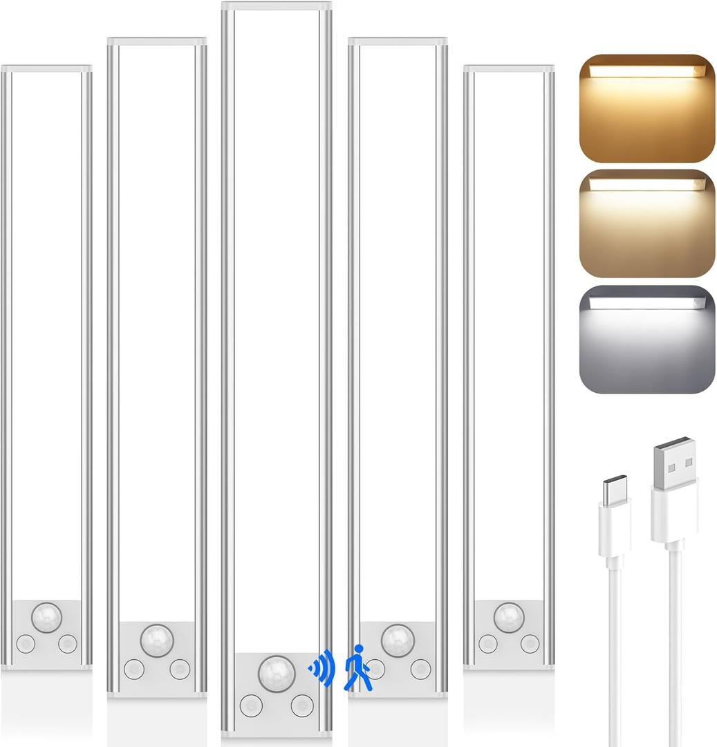 VerRon 14 In Under Cabinet Lighting, 3200mAh Rechargeable Battery Powered Closet Lights with 3 Color Tempers 108 LED, Wireless Motion Sensor Light Indoor, Dimmable Lights for Kitchen, Stair, 5-Pack