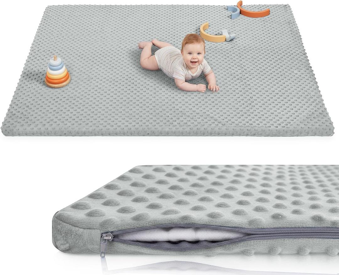 Baby Floor Play Mat for Playpen, Extra Thick 71x59 Inches Padded Mat with Ultra Soft 3D Minky Dot & Removable Washable Cover, Non-Slip & Safe for Crawling,Tummy Time,Infant/Toddler (Grey)