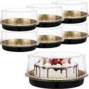 MAQUITA 6 Pack Round Clear Gold Carriers for Transport Plastic Disposable Cake Containers Carriers with Dome Lids and Boards Clear Bundt Boxes (9.5 inch)