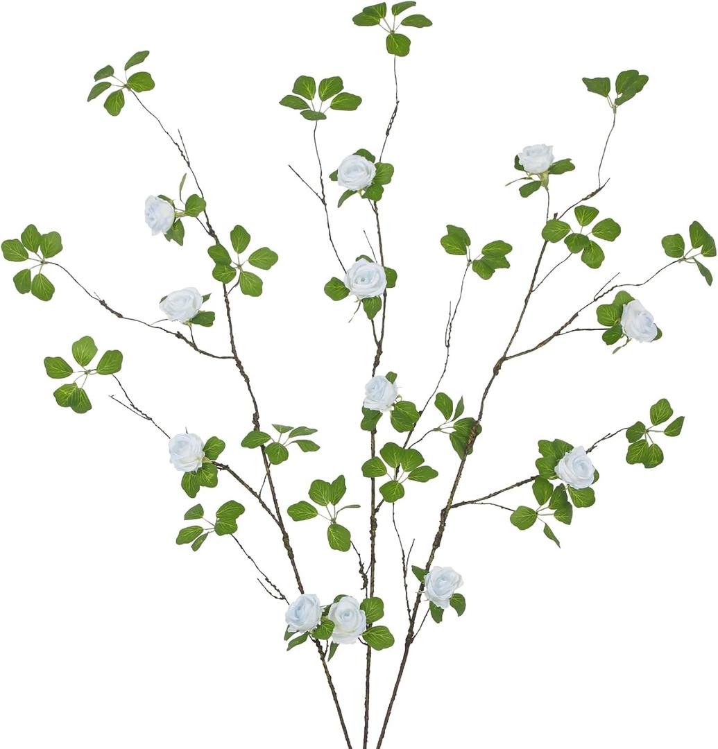 3 Pcs Artificial Greenery Stems Plants with Blue Roses Flowers 29.5" Faux Branches for Vase Filler Fake Ficus Twig Plants for Home Office Party Wedding Shop Spring Summer Fall Decoration