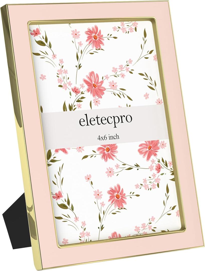 eletecpro 4x6 Enamel Picture Frame with Real Glass Cover, 1 Pack Pink Photo Frame with Gold Metal Edge, Horizontal and Vertical Display Pictures 4x6 for Tabletop, Bookshelf, Wall Decor