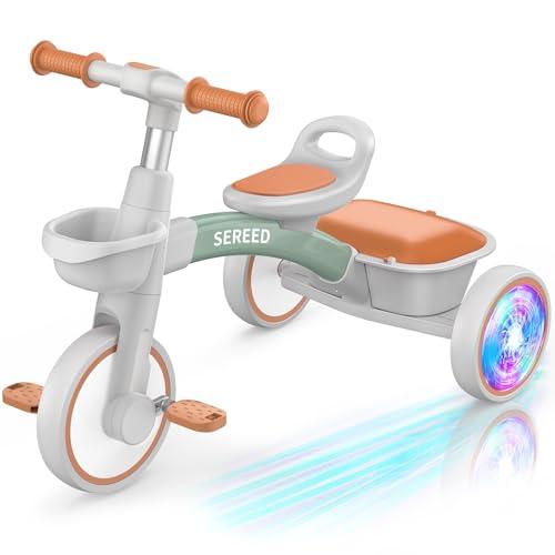 SEREED Colorful Lighting Toddler Tricycle for 2-5 Years Old Boys Girls, Adjustable Seat&Handlebar Trike, Removable Basket, Birthday Gift Idea for Kids Ages 2+ (Green)