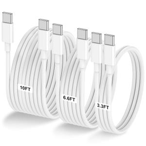 3-Pack [3.3FT+6.6FT+10FT] 60W USB C to USB C Cable, Type C to Type C Cable,Fast Charging Cable for iPhone 16 15 Pro Plus Pro Maxfor Galaxy S25 S24, for iPad Pro/Air, for MacBook Pro/Air and More (White)