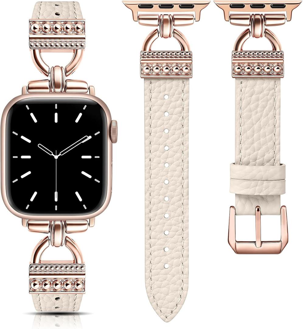 TOYOUTHS Compatible with Apple Watch Band Women Leather 42/ 41/ 40/ 38mm Dressy Leather Strap Designer D-Shaped Metal Buckle Bracelet for iWatch Series 11/ 10/ 9/ 8/ 7/ 6/ 5/ 4/ 3/ 2/ 1/ SE, Starlight/ Rose Gold