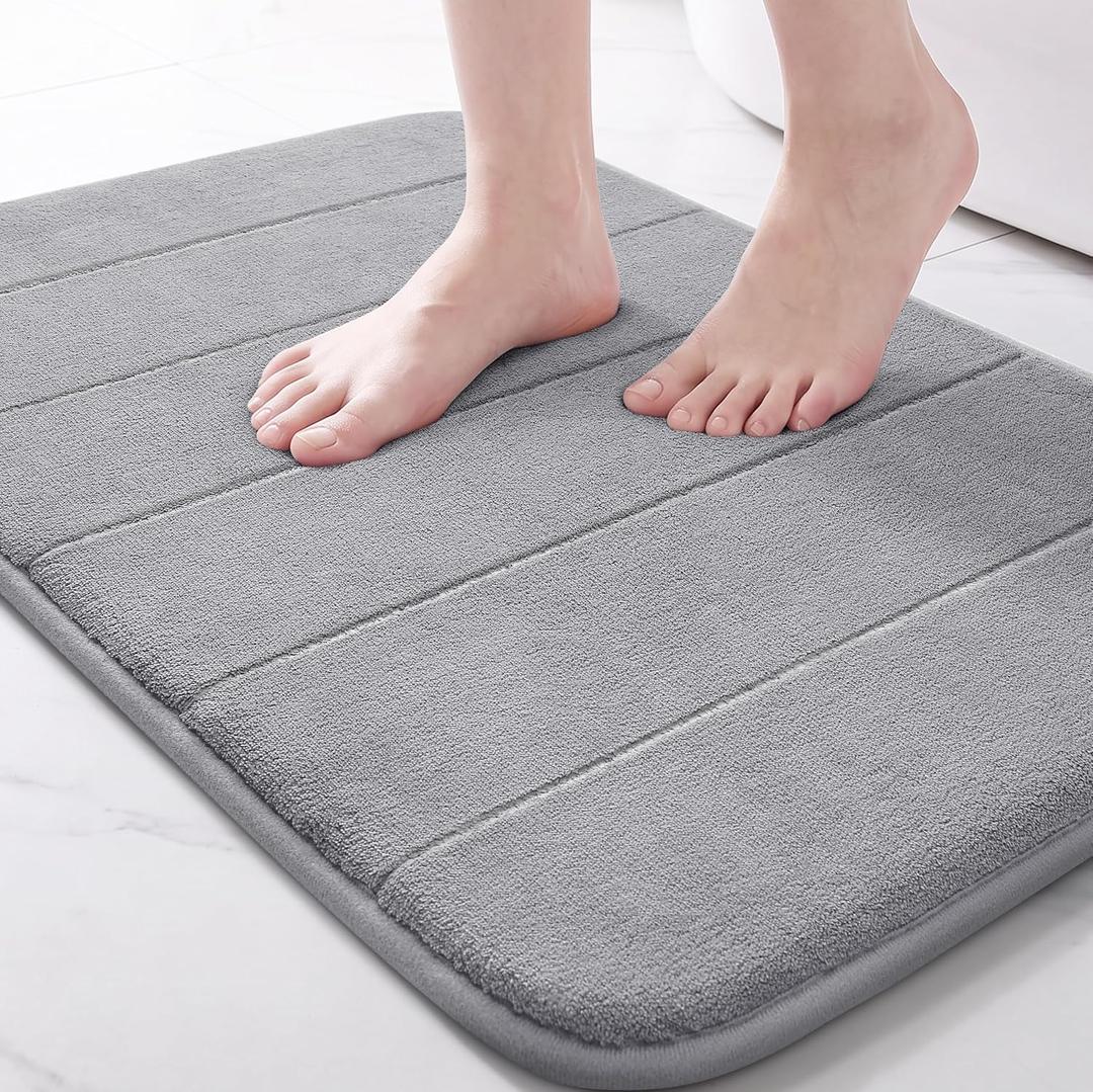  Memory Foam Bath Mat, Super Soft Absorbent Bathroom Rug Non Slip, Quick Dry, Machine Washable Floor Carpet for Tub Shower, Home Decor Accessories, 24x17, Grey