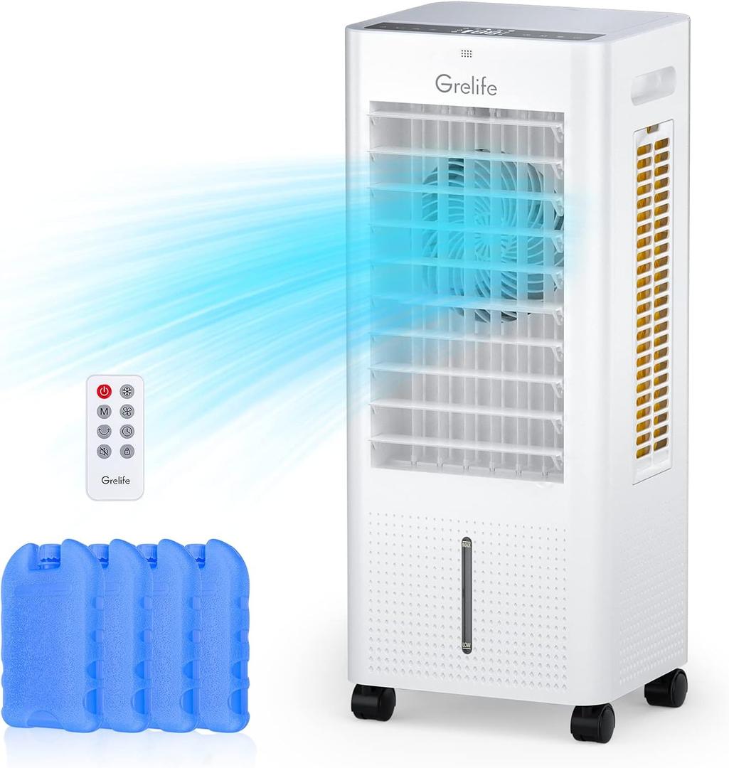 Grelife Portable Evaporative Air Cooler, 3-IN-1 Air Cooler with Fan & Humidifier, 1.58Gal Water Tank for Bedroom Room Office Garage