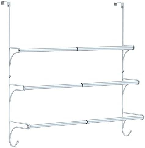 Auledio Adjustable Over The Door Triple Towel Rack with Hooks, Silver