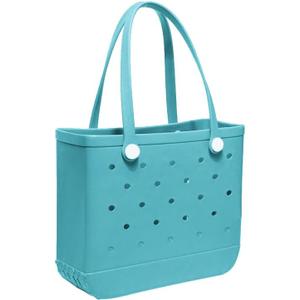 PoVwlty Rubber Beach Bag for Men & Women, Water-resistant Travel Tote Bag for the Beach Boat Pool (Medium, Lake Blue)