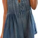 yoeasy Women's Sleeveless V Neck Shorts Denim Romper Tie Front Ruffle Cute Loose Jean Short Overalls with Pockets (Large, Dark Blue)