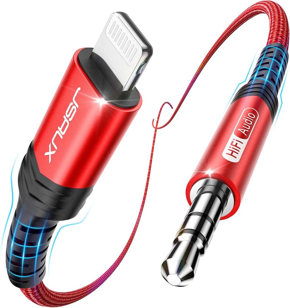 JSAUX Lightning to 3.5mm Audio Cable 6FT, Apple MFi Certified AUX Cord for iPhone Headphones Jack Compatible with iPhone 14/14 Plus/14Pro/13/13 Pro Max/12/12 Pro/11 Pro/X/XS/XR/8/Car Stereo-Red