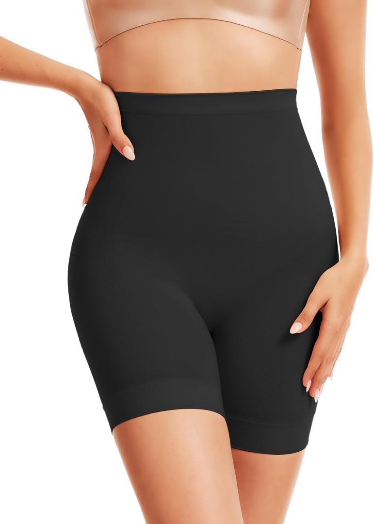 Tummy Control Shapewear Boyshorts, Seamless High Waisted Thigh Slimmer with Anti-Slip Silicone (Black, S)