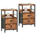 Furologee Night Stand Set of 2, Nightstand with 2 Fabric Drawers, Bed Side Table with Open Shelf, Wooden Top, Hooks, Backboard Design, End Table for Bedroom, Study, Hallway, Brown