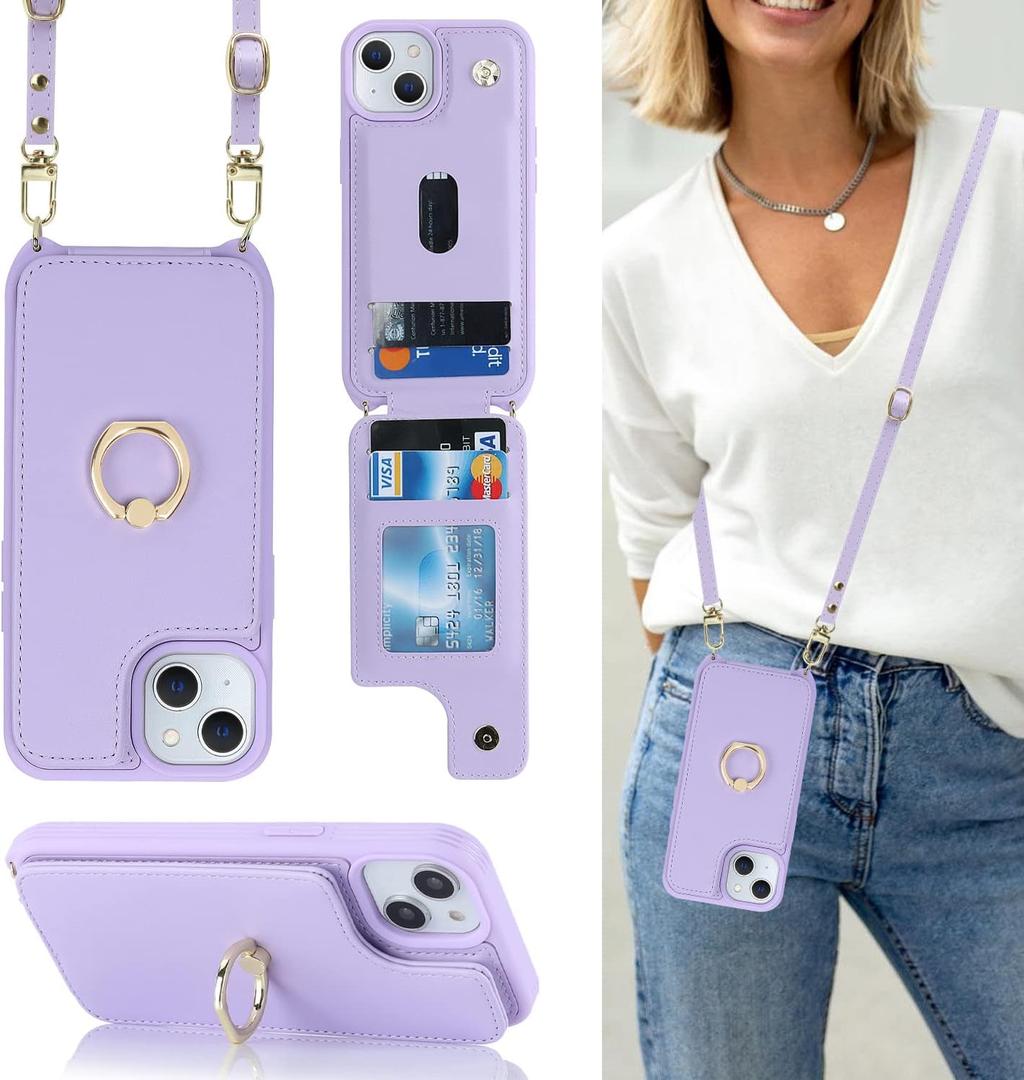 Lipvina for iPhone 15 Plus Case with Card Holder and Strap for Women,Crossbody Lanyard,RFID Blocking,Stand Ring Kickstand,Snap Clasp,Phone Wallet Cases 6.7 inch(Purple)