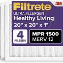 Filtrete 20x20x1 AC Furnace Air Filter, MERV 12, MPR 1500, CERTIFIED asthma & allergy friendly, 3 Month Pleated 1-Inch Electrostatic Air Cleaning Filter, 4-Pack (Actual Size 19.69x19.69x0.78 in)