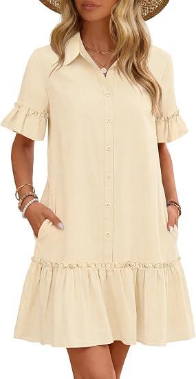 MEROKEETY Women's Summer Casual Button Mini Shirt Dress, Beige, S