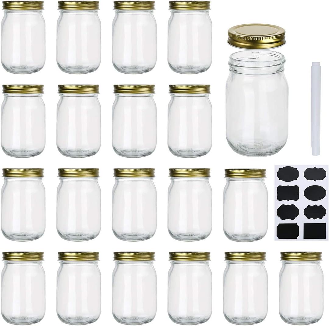 Encheng 12 oz Glass Jars With Lids, Regular Mouth Mason Jars For Storage, Canning Jars For Caviar, Herb, Jelly, Jams, Honey, Dishware Safe, Set Of 20 (Gold)