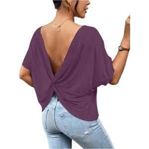 RoseSeek Women's Backless Twist Knot T Shirt Oversized Solid Short Sleeve Tees Open Back Asymmetrical Hem Casual Tops