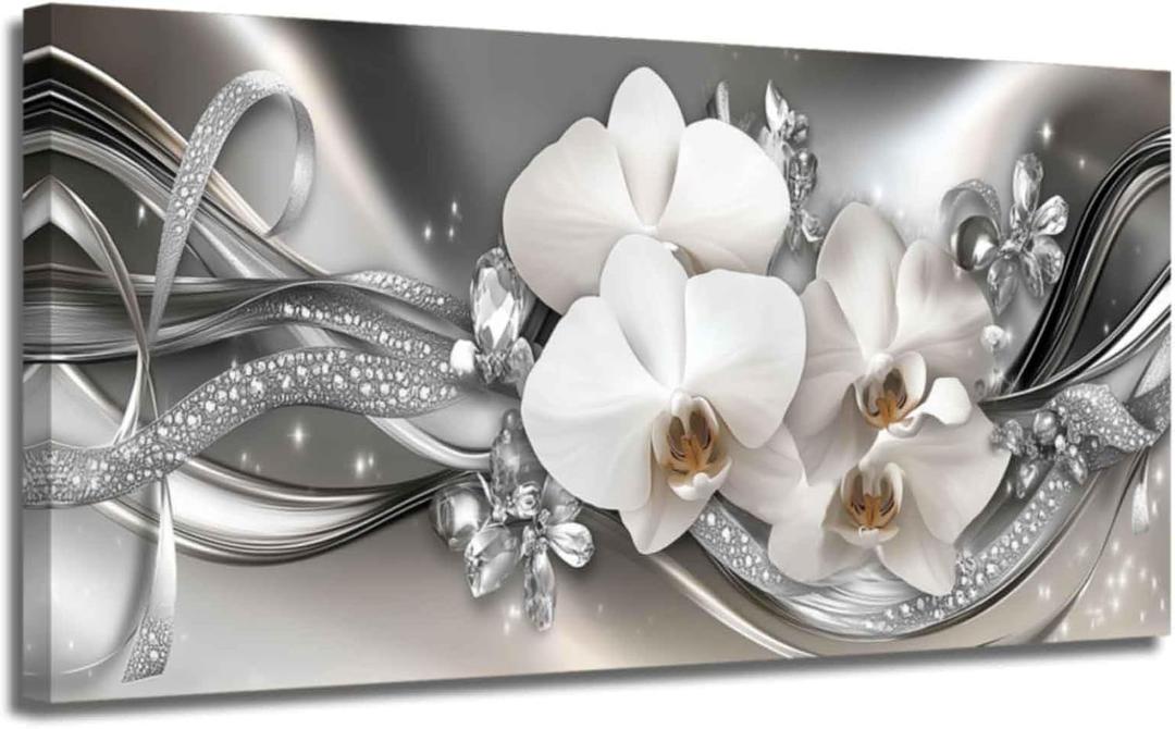 XLMDYYSW Large Orchid Canvas Wall Art White Orchid Flowers Pictures Abstract Floral Print Poster Vintage Botany Painting for Living Room Bathroom Decor Framed (Grey, 12L x 24W)