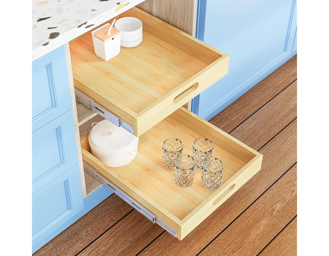 Pull Out Cabinet Organizer, 1PC 15” W x 21” D Soft Close Slide Out Wood Drawer Storage Shelves for Kitchen, Base Cabinet Organization for Pantry, Finished, Heavy-Duty, Bottom Assembly