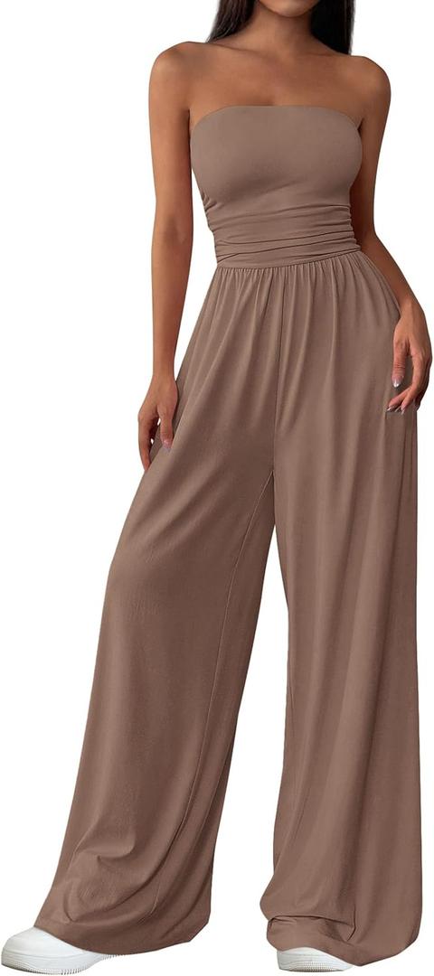 PRETTYGARDEN Womens Trendy Strapless Rompers 2026 Ruched Tube Top Wide Leg One Piece Jumpsuits Beach Vacation Summer Outfits L