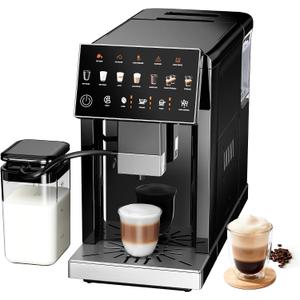 Fully Automatic Espresso Machine, 19 Bar Coffee Maker with Integrated Grinder, Touch Screen Espresso Machine with 15 Grind Settings, Self-Cleaning Coffee Maker for Latte, Cappuccino (Black) 