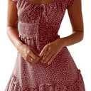 YOBECHO Womens Summer Ruffle Sleeve Sweetheart Neckline Printing Dress Mini Dresses (Small, Brick Red)