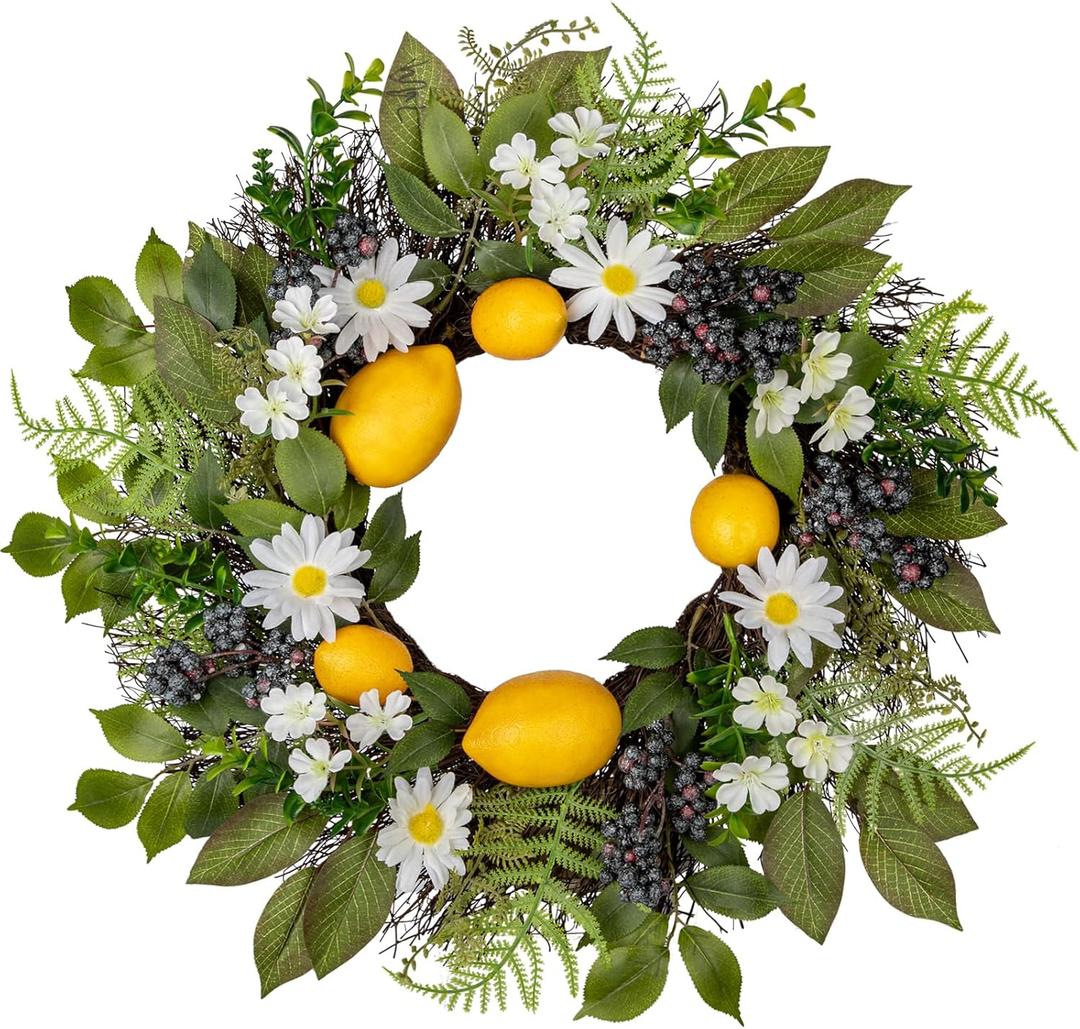 18 inch Artificial Lemon Wreath for Front Door, Summer Door Wreath Faux Lemons Door Wreath with Berries, Daisy, Wildflowers, Ferns Leaves Small Wreath for Indoor Wall Wedding Farmhouse Lemon Dcor