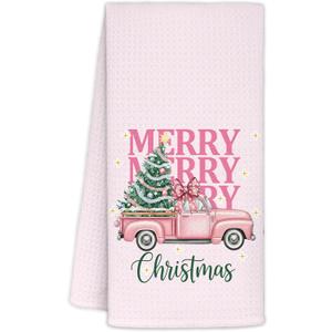 Pink Christmas Kitchen Towels 16x24 Inch, Coquette Pink Bow Christmas Tree Pickup Truck Christmas Hand Towels for Bathroom Decorative, Girly Xmas Dish Tea Towel for Kitchen Decor