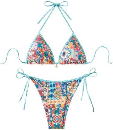 BEAUDRM Women's 2 Piece Floral Bikini Boho Halter Triangle Bikini Set Tie Back Swimsuit Bathing Suit Beachwear Swimwear, Size Large