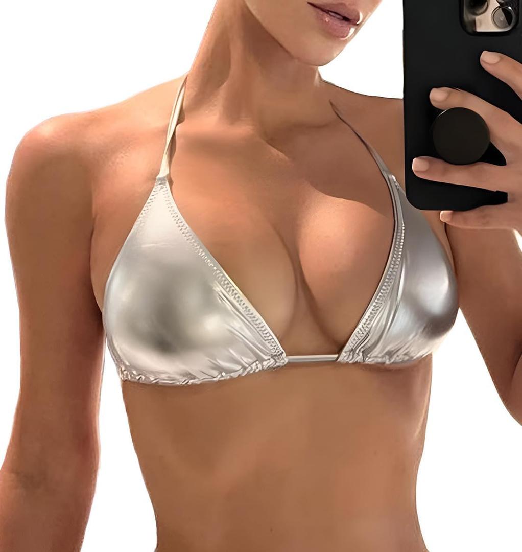 Women's Metallic Bikini Top - Halter Shiny Triangle Bralette Rave Tops Tie Side Swimsuit Bra (Large)